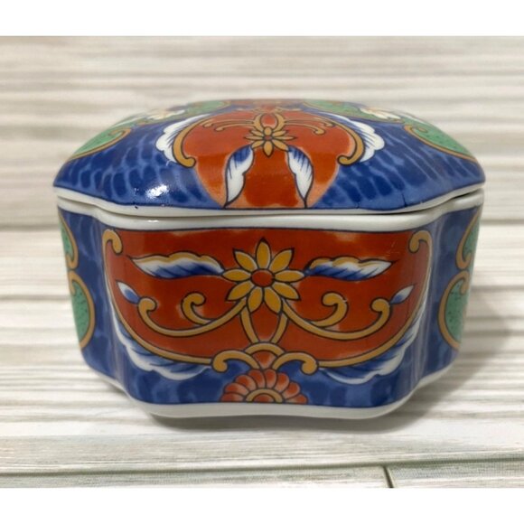 VTG Porcelain Takahashi Japan Floral Trinket Ring Box With Lid Blue - Picture 3 of 7